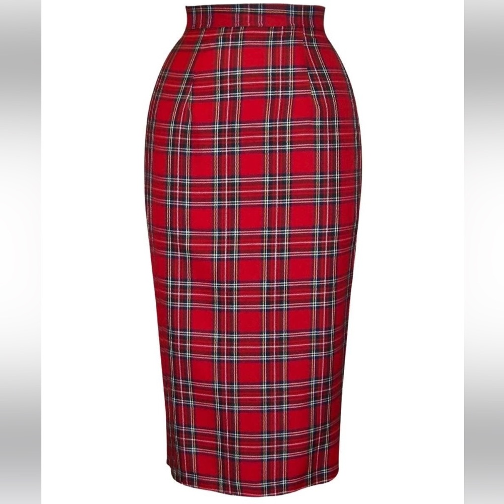 Vivien of Holloway Red Tartan Pencil Skirt